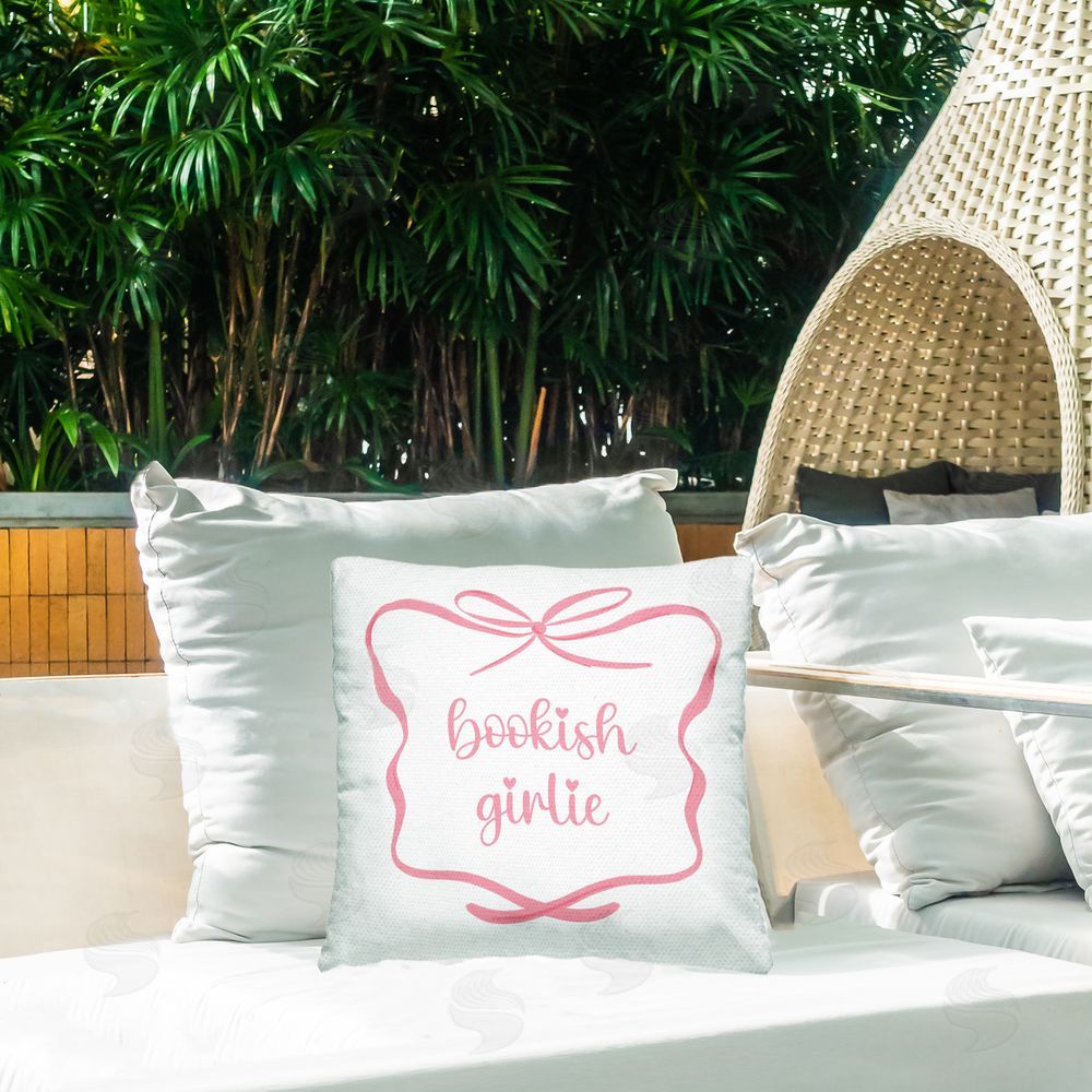 Lucille Price Bookish Girlie Pink Bow Outdoor Printed Throw Pillow on Patio