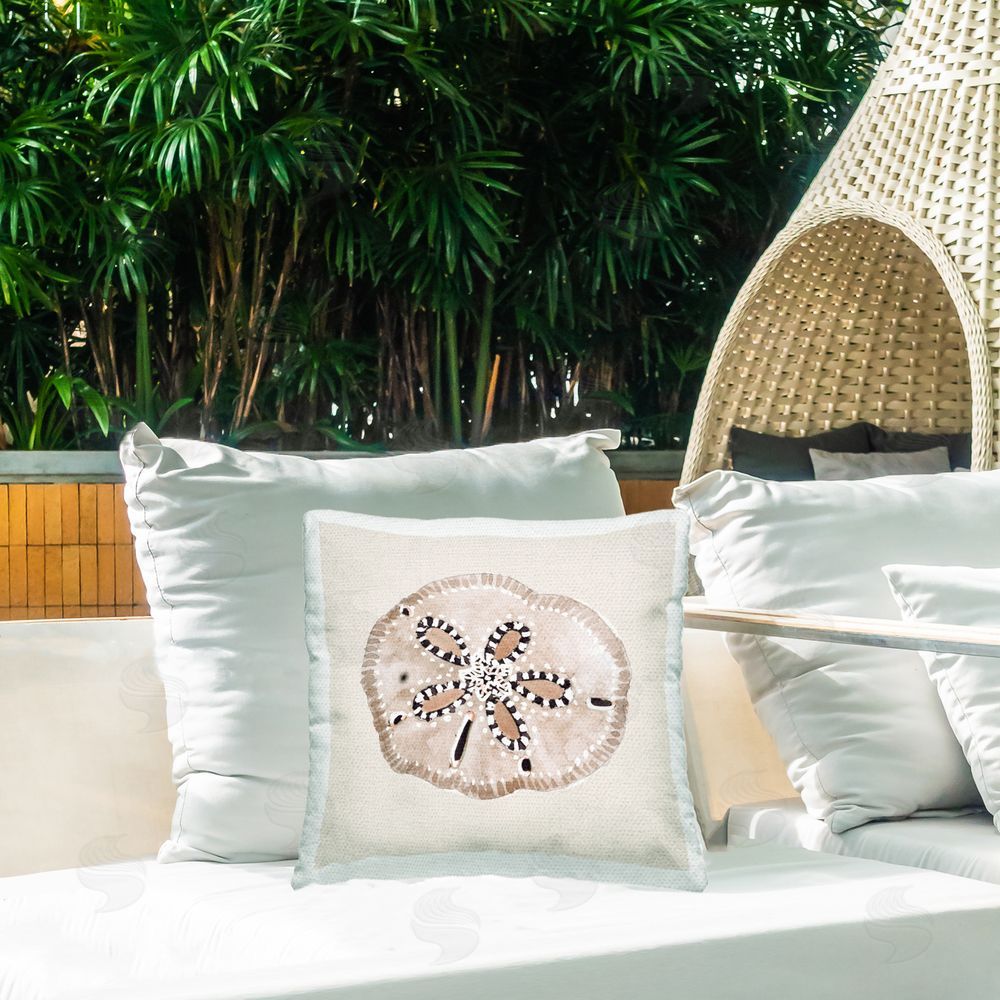 Lanie Loreth Beige Sand Dollar Details Outdoor Printed Throw Pillow on Patio