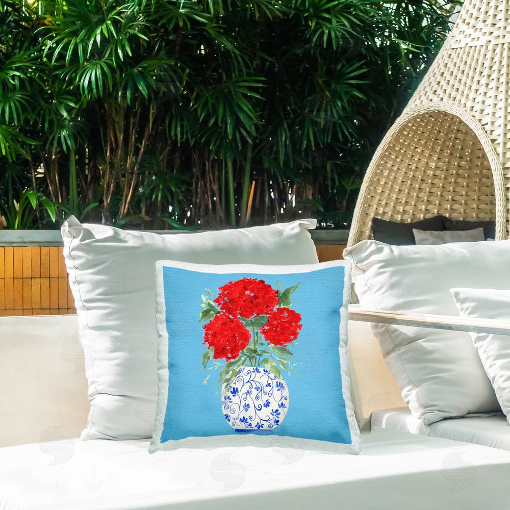 Lucille Price Red on Blue Hydrangeas Outdoor Printed Throw Pillow on Patio