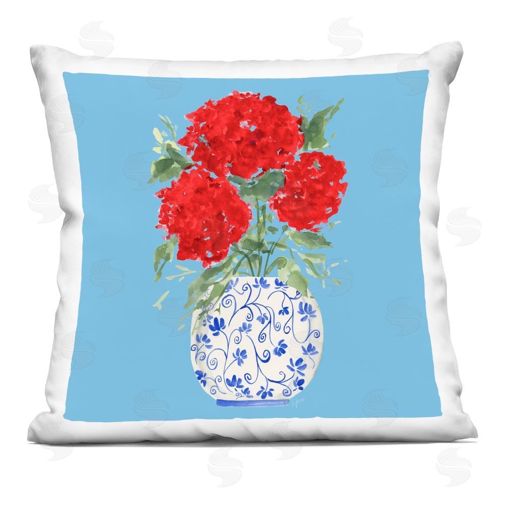 Lucille Price Red on Blue Hydrangeas Printed Throw Pillow