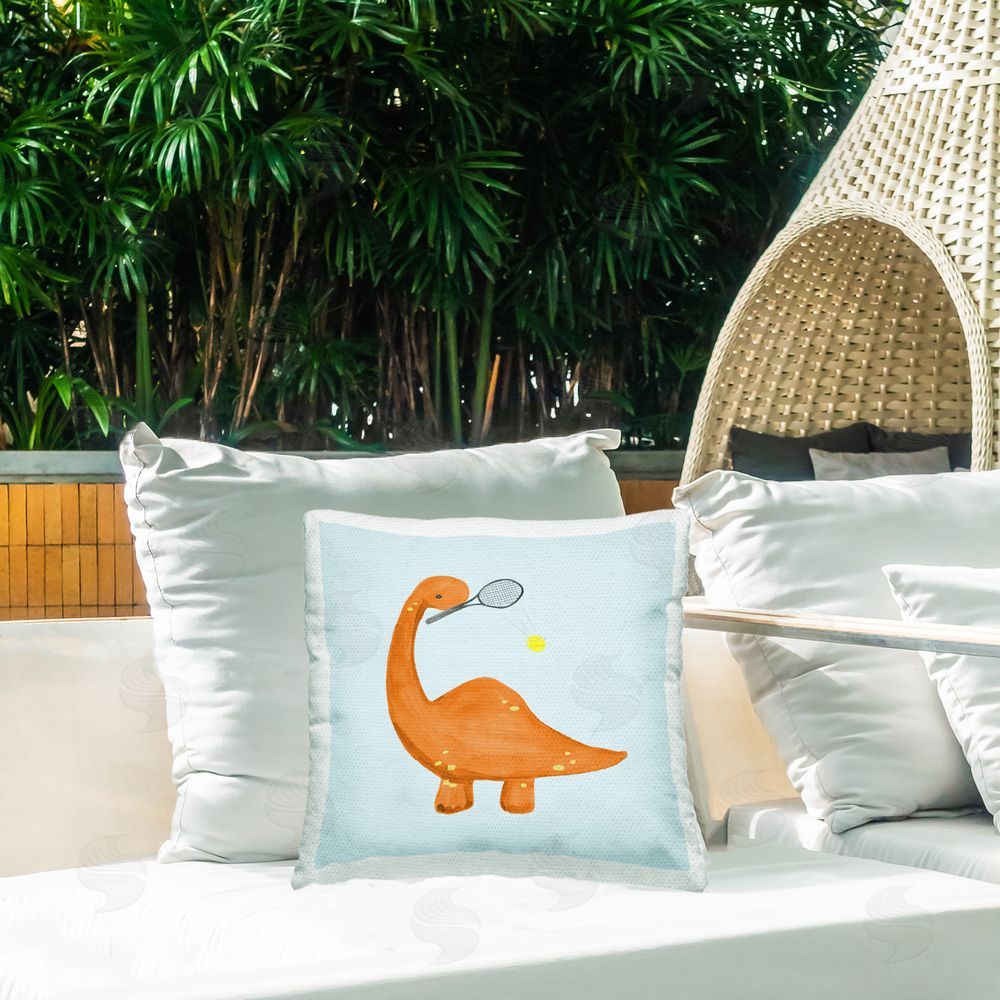 Lucille Price Baby Dino Playing Tennis Outdoor Printed Throw Pillow on Patio