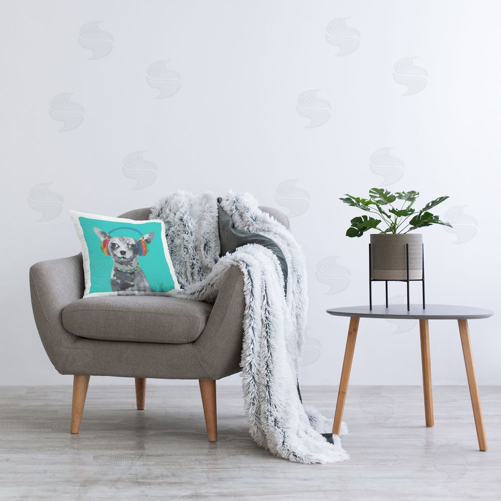 Lorenzo Collective Jammin' Pup on Blue Printed Throw Pillow in Room