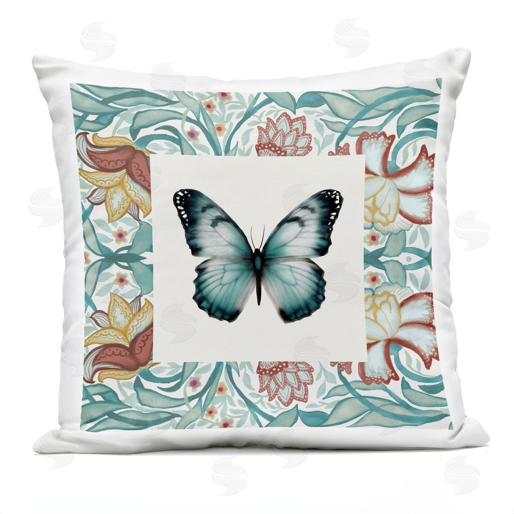 Elizabeth Medley Blue Vintage Butterfly Florals Outdoor Printed Throw Pillow