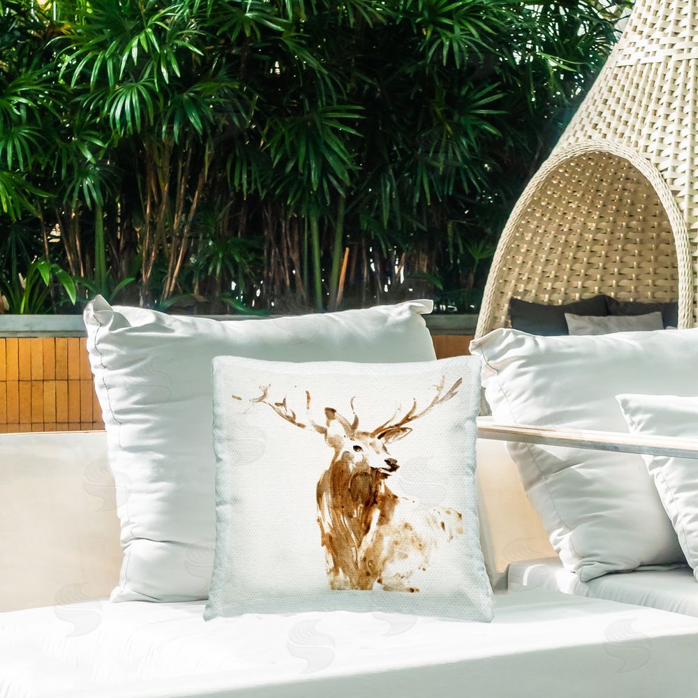 Lorenzo Collective Deer Portrait Head Shot Outdoor Printed Throw Pillow on Patio