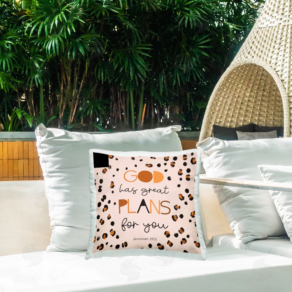 Patricia Pinto God Has Plans For You Outdoor Printed Throw Pillow on Patio
