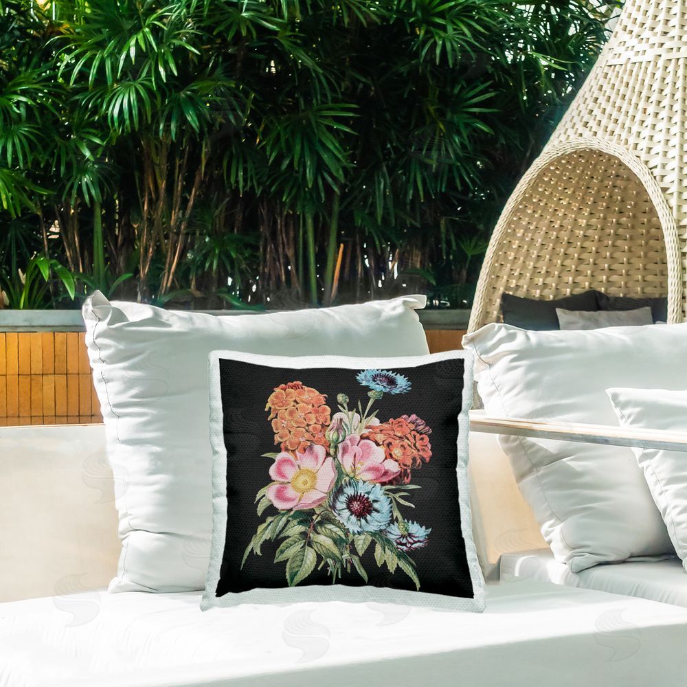 Dan Meneely Floral Bouquet on Black Outdoor Printed Throw Pillow on Patio