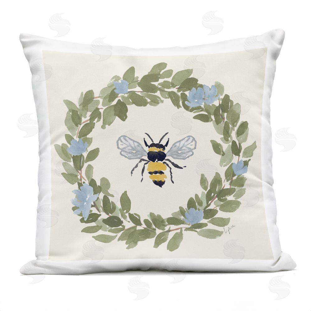Lucille Price Bee in Blue Wreath Outdoor Printed Throw Pillow