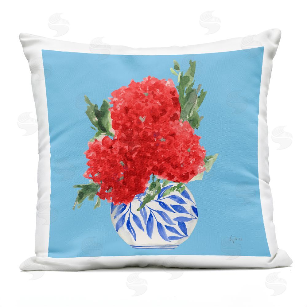 Lucille Price Red Hydrangeas in Vase Outdoor Printed Throw Pillow