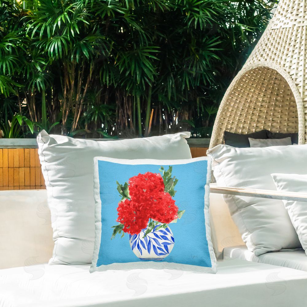 Lucille Price Red Hydrangeas in Vase Outdoor Printed Throw Pillow on Patio