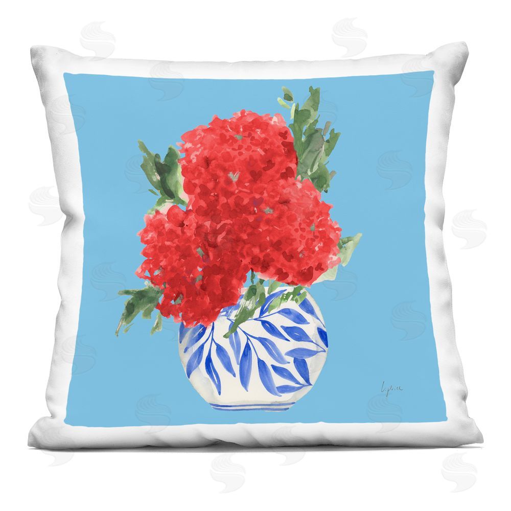 Lucille Price Red Hydrangeas in Vase Printed Throw Pillow
