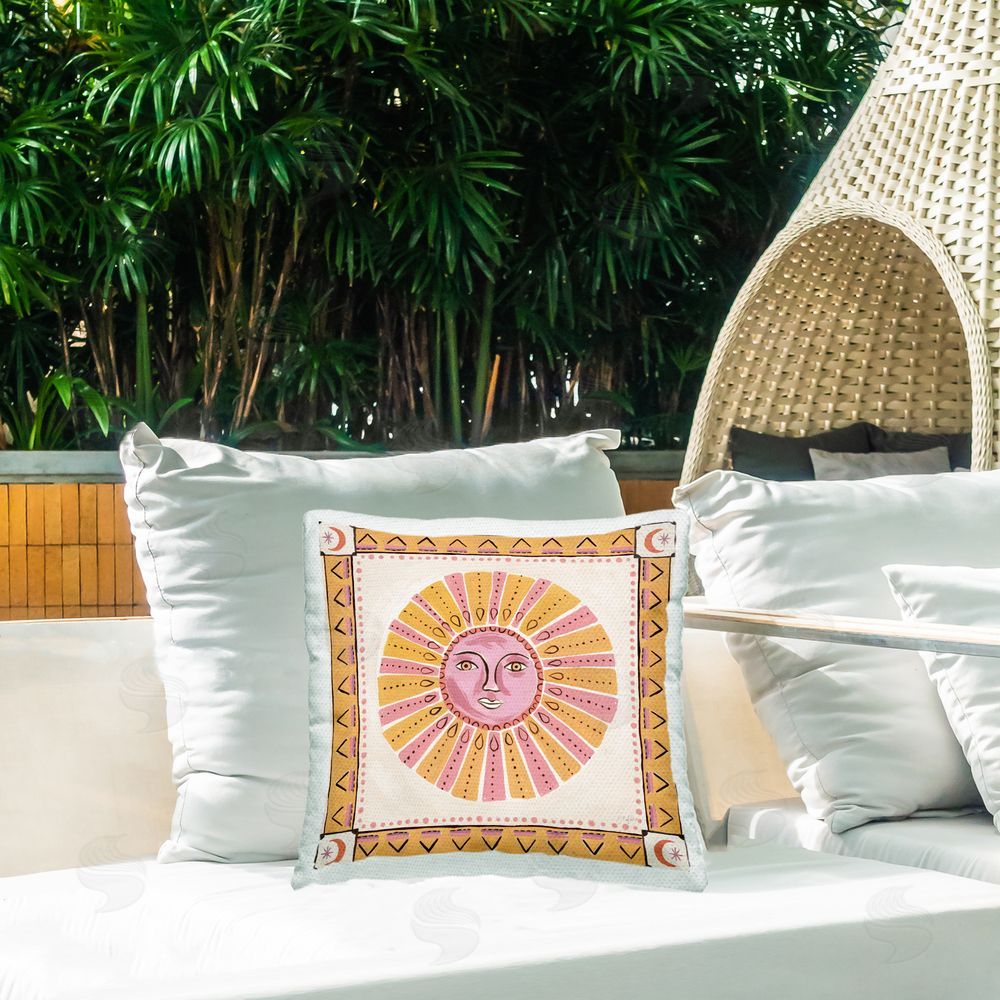 Two If By Sea Studios Pink Sun Face with Geometric Border Outdoor Square Printed Throw Pillow on Seat
