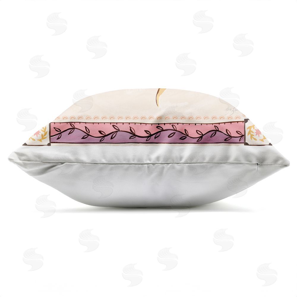 Two If By Sea Studios Pink Sun Face with Leaf Border Outdoor Square Printed Throw Pillow Side View with Zipper Detail
