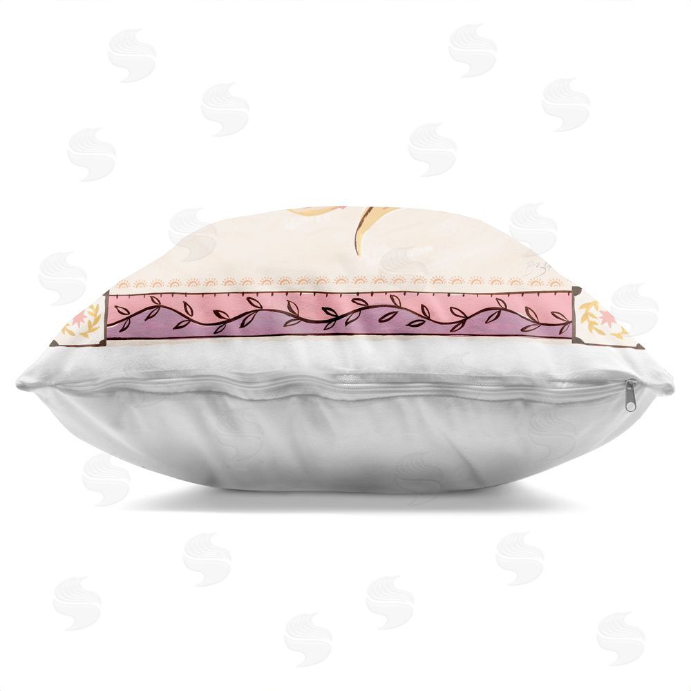 Two If By Sea Studios Pink Sun Face with Leaf Border Square Printed Throw Pillow Side View with Zipper Detail