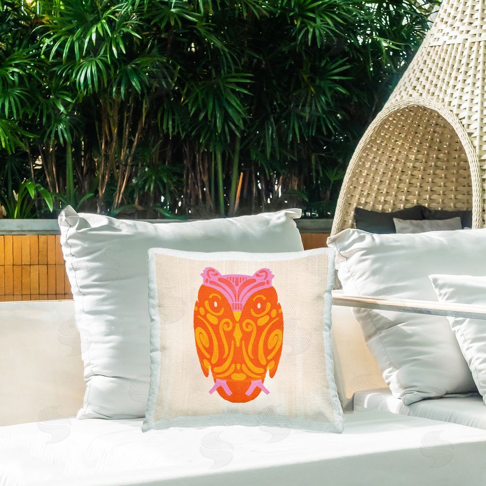 The Paper Curator Vibrant Folk Owl Motif Outdoor Square Printed Throw Pillow on Seat