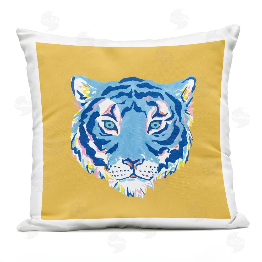 Karolina Sato Blue Tiger over Yellow Outdoor Square Printed Throw Pillow