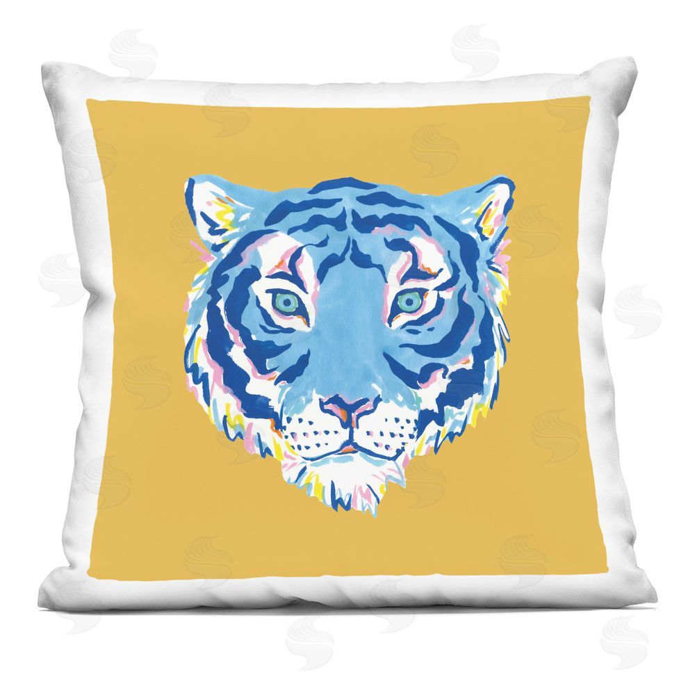 Karolina Sato Blue Tiger over Yellow Square Printed Throw Pillow