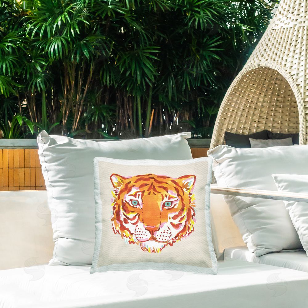 Karolina Sato Orange Boho Tiger Face Outdoor Square Printed Throw Pillow on Seat