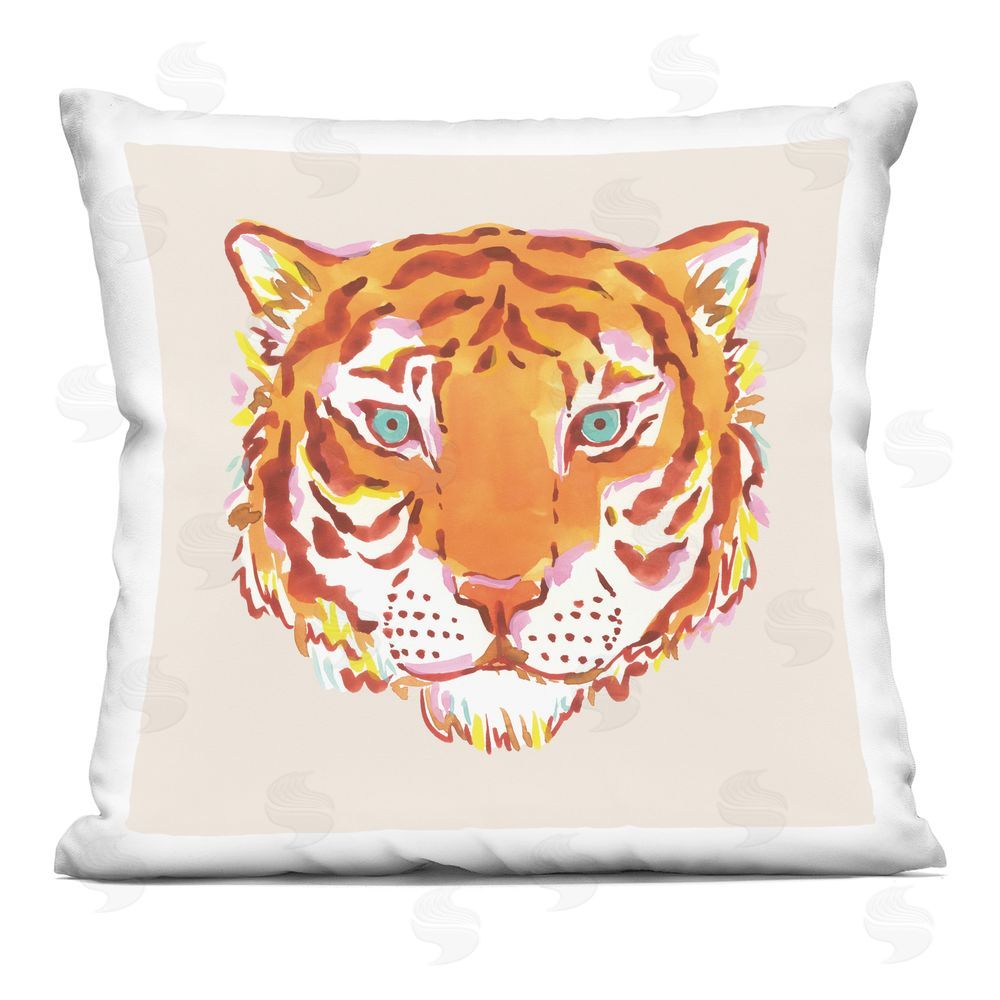 Karolina Sato Orange Boho Tiger Face Square Printed Throw Pillow