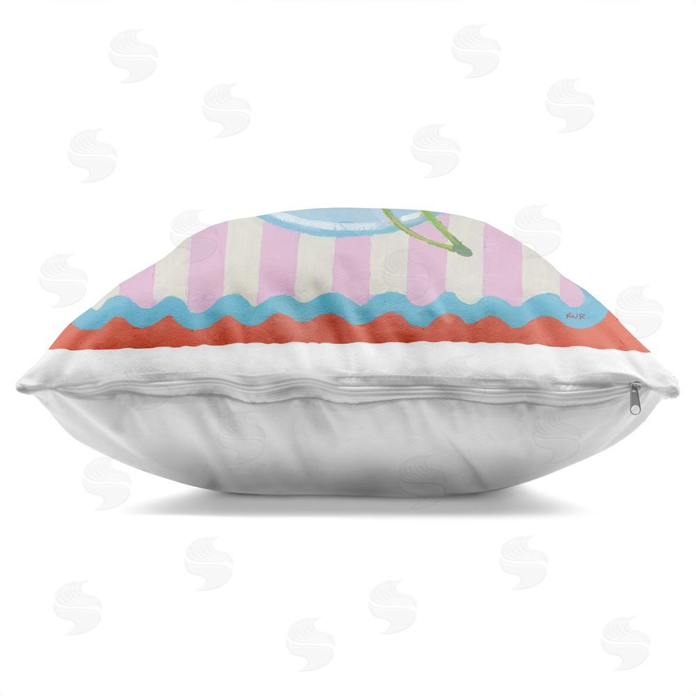 Rachael Reese Red Cherries over Pink Stripes Square Printed Throw Pillow Side View with Zipper Detail