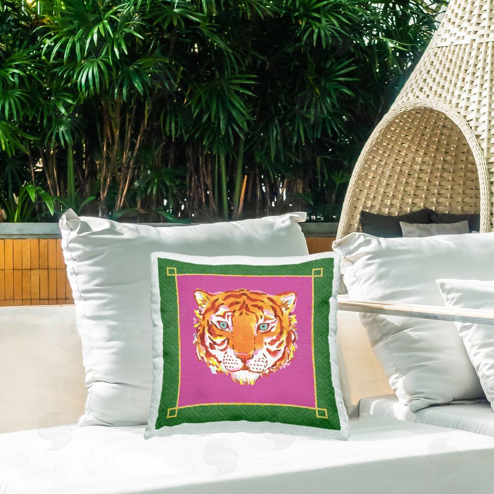 Karolina Sato Bordered Exotic Tiger Portrait Outdoor Square Printed Throw Pillow on Seat