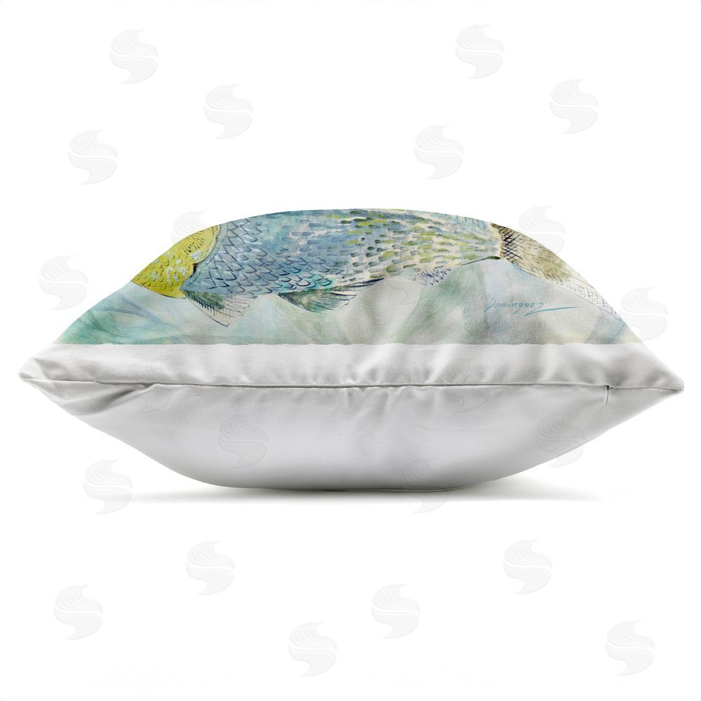 Lorenzo Collective Sweet Fish Duo Blue Green Outdoor Square Printed Throw Pillow Side View with Zipper Detail