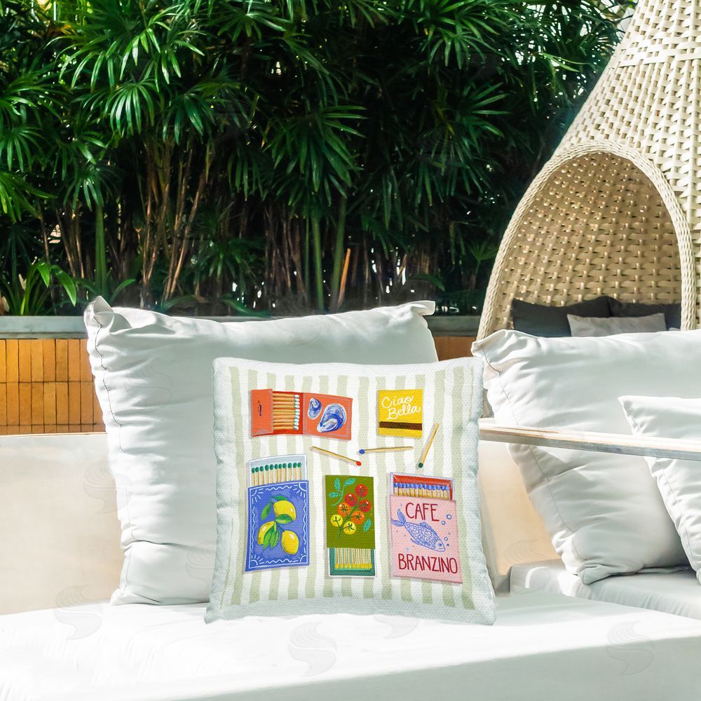 Rachel Nerney Ciao Bella Seaside Matchboxes Outdoor Square Printed Throw Pillow on Seat