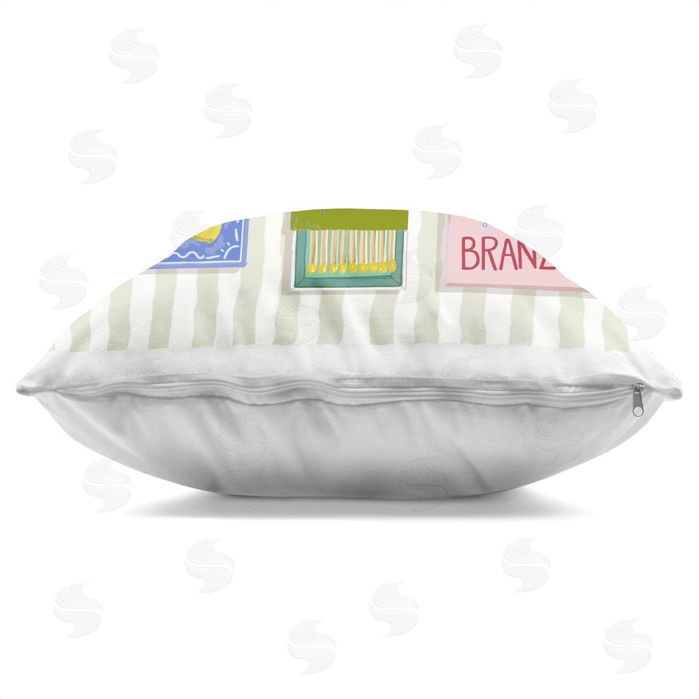 Rachel Nerney Ciao Bella Seaside Matchboxes Square Printed Throw Pillow Side View with Zipper Detail