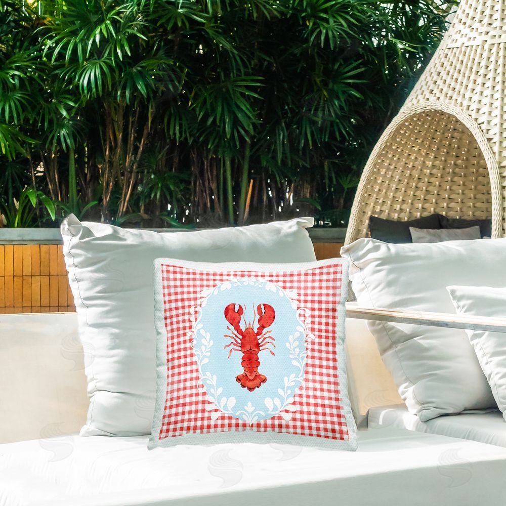 Heather Lee Chan Lobster with Red Plaid Outdoor Square Printed Throw Pillow on Seat