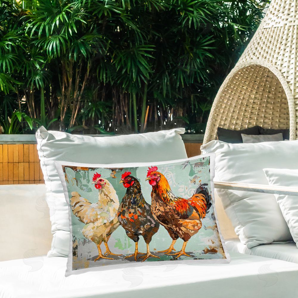 Creative Studio Abstract Chickens Trio Outdoor Printed Lumbar Throw Pillow on Seat