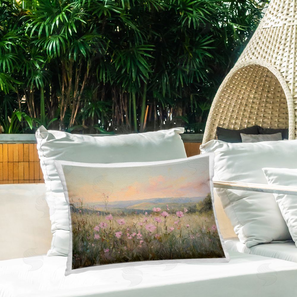 Petal Prints Design Tranquil Meadow At Dawn Outdoor Printed Lumbar Throw Pillow on Seat