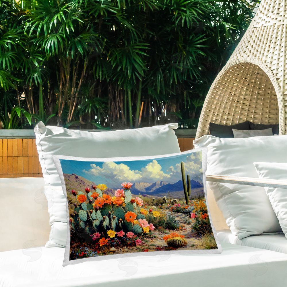 Franklyn Gregory Vibrant Cacti in Desert Outdoor Printed Lumbar Throw Pillow on Seat