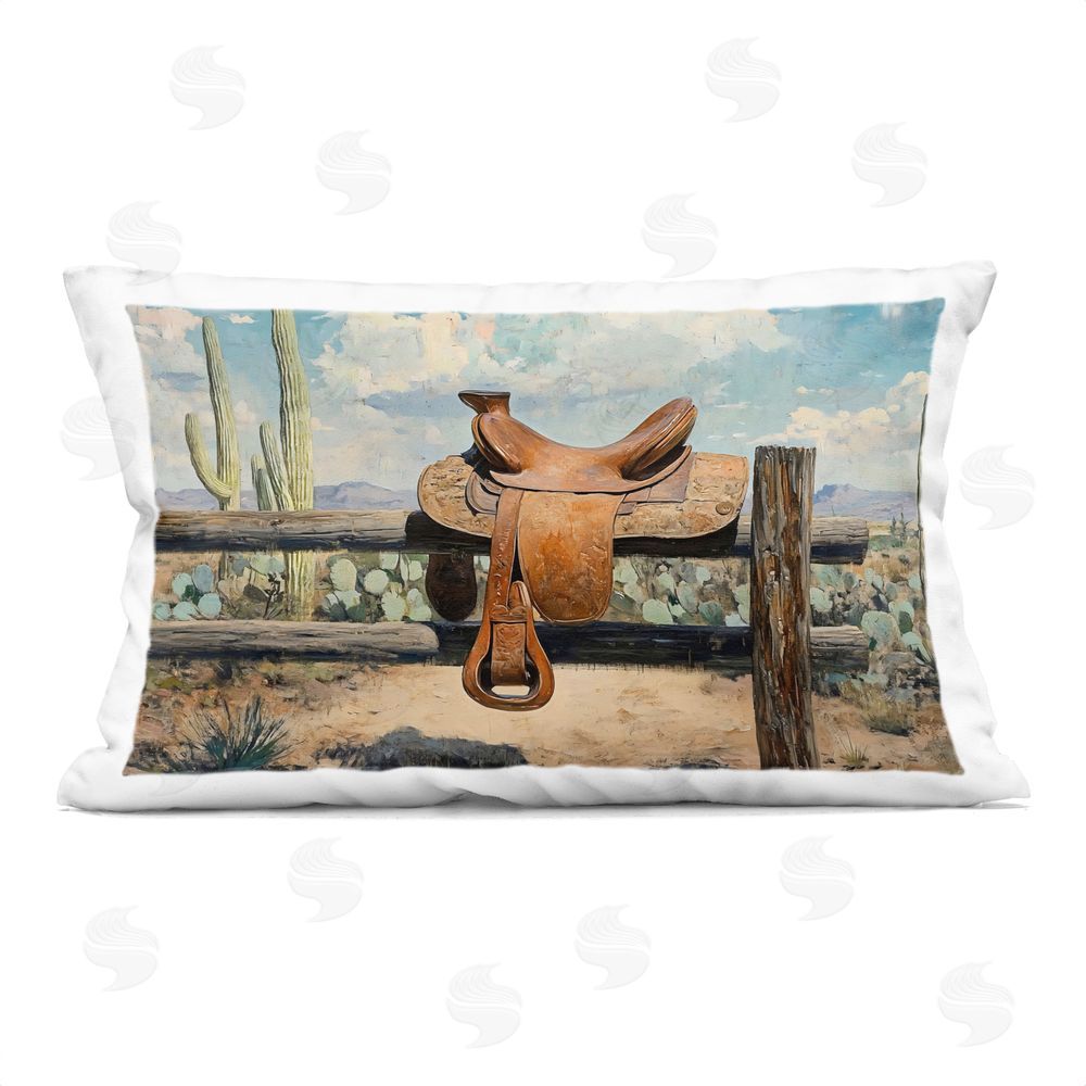 Franklyn Gregory Saddle on Desert Fence Printed Lumbar Throw Pillow