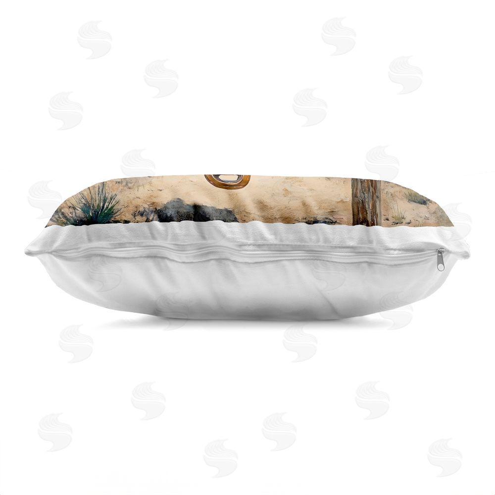 Franklyn Gregory Saddle on Desert Fence Printed Lumbar Throw Pillow Side View with Zipper Detail