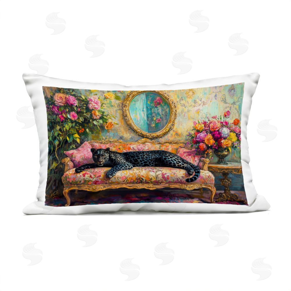 Petal Prints Design Lounging Leopard on Floral Sofa Outdoor Printed Lumbar Throw Pillow