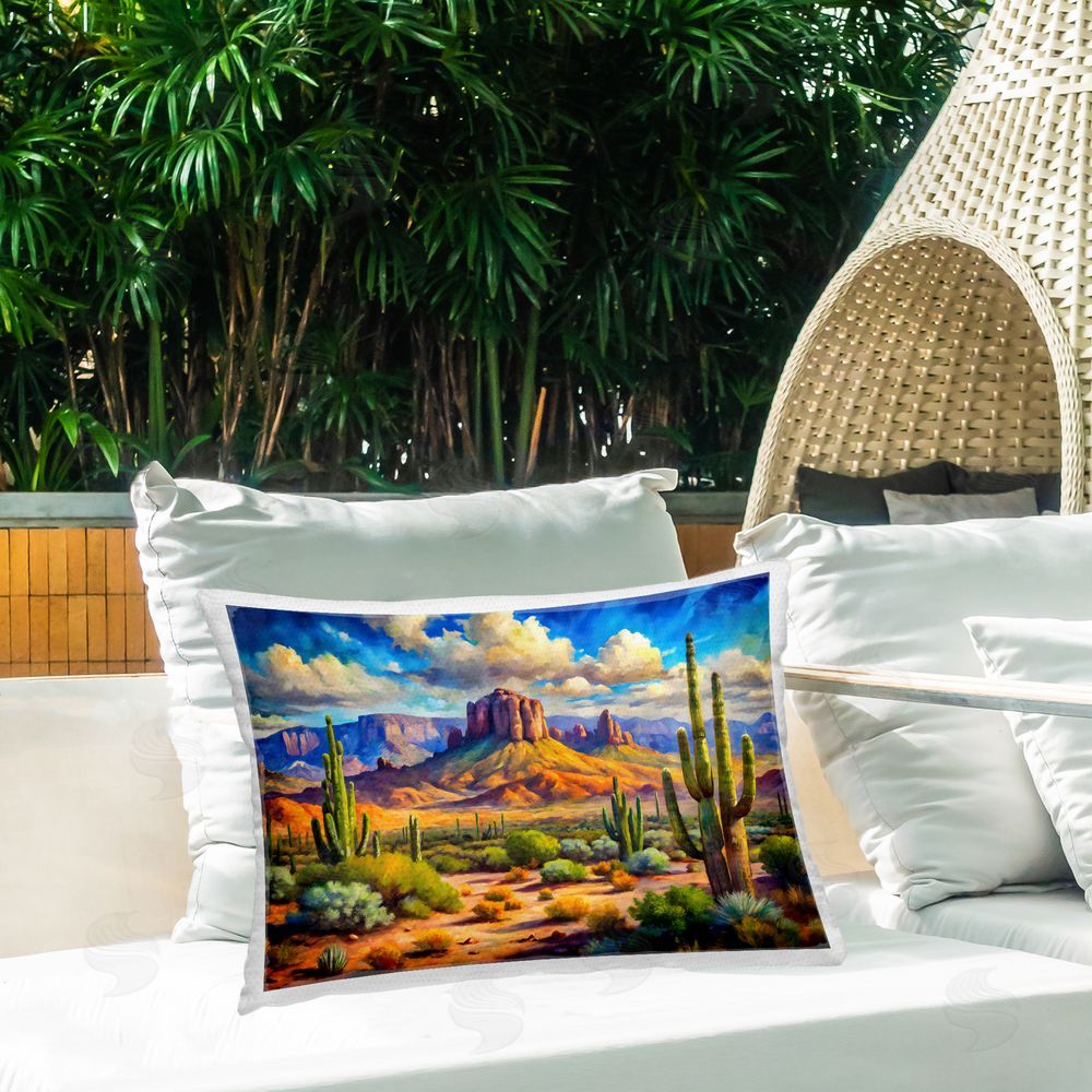 Creative Studio Majestic Saguaro Desert Landscape Outdoor Printed Lumbar Throw Pillow on Seat