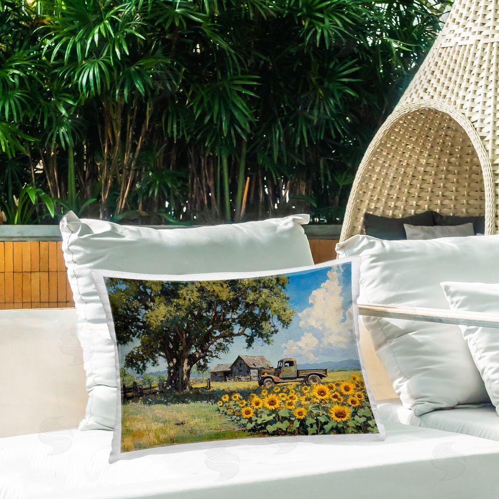 Franklyn Gregory Sunflower Pickup by Old Barn Outdoor Printed Lumbar Throw Pillow on Seat