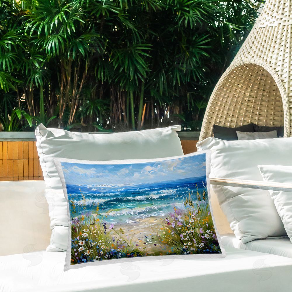 Creative Studio Floral Beach Meadow by Ocean Outdoor Printed Lumbar Throw Pillow on Seat