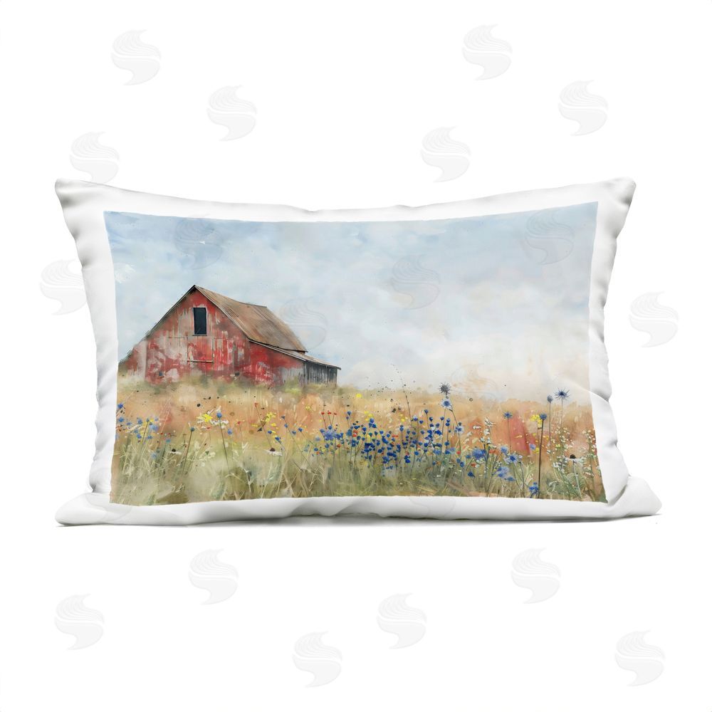 Creative Studio Rustic Barn in Colorful Meadow Outdoor Printed Lumbar Throw Pillow