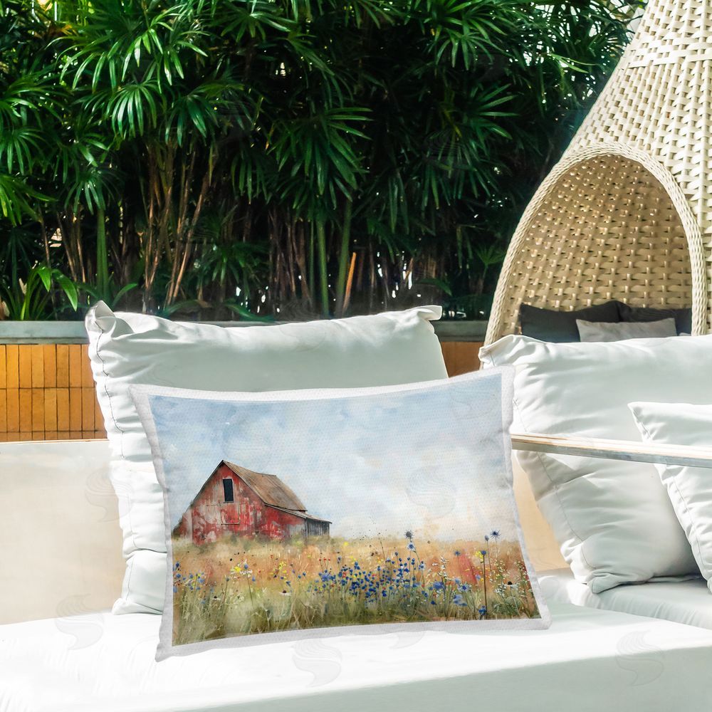 Creative Studio Rustic Barn in Colorful Meadow Outdoor Printed Lumbar Throw Pillow on Seat