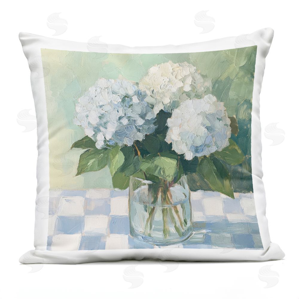 Petal Prints Design Hydrangea Picnic on Checkered Outdoor Square Printed Throw Pillow