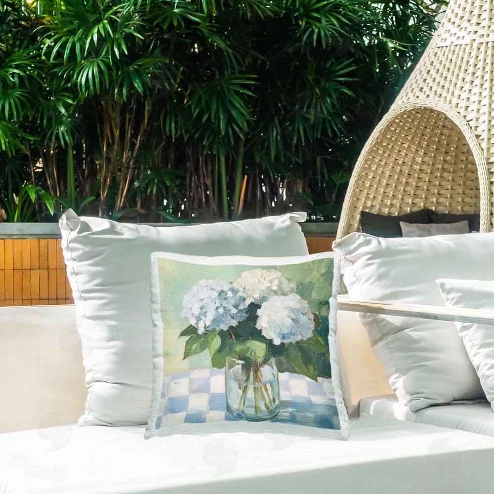 Petal Prints Design Hydrangea Picnic on Checkered Outdoor Square Printed Throw Pillow on Seat