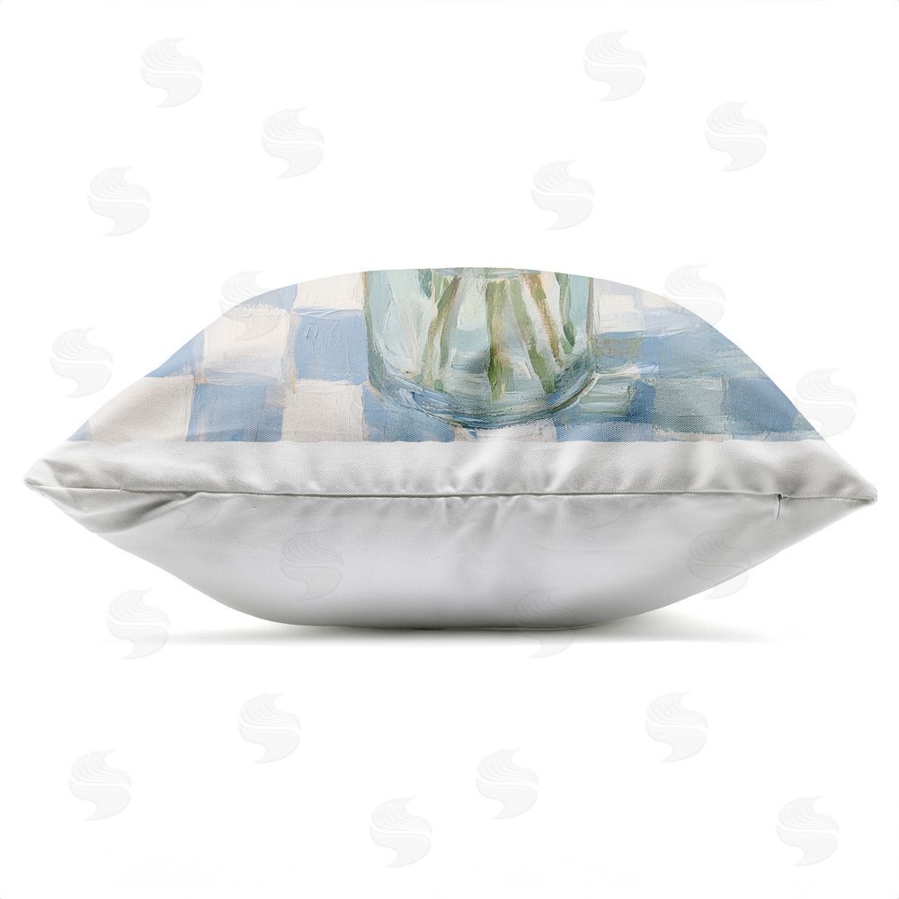 Petal Prints Design Hydrangea Picnic on Checkered Outdoor Square Printed Throw Pillow Side View with Zipper Detail