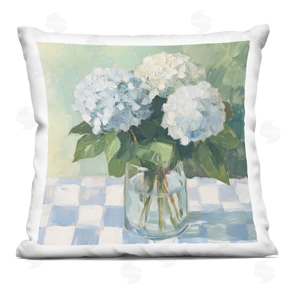 Petal Prints Design Hydrangea Picnic on Checkered Square Printed Throw Pillow