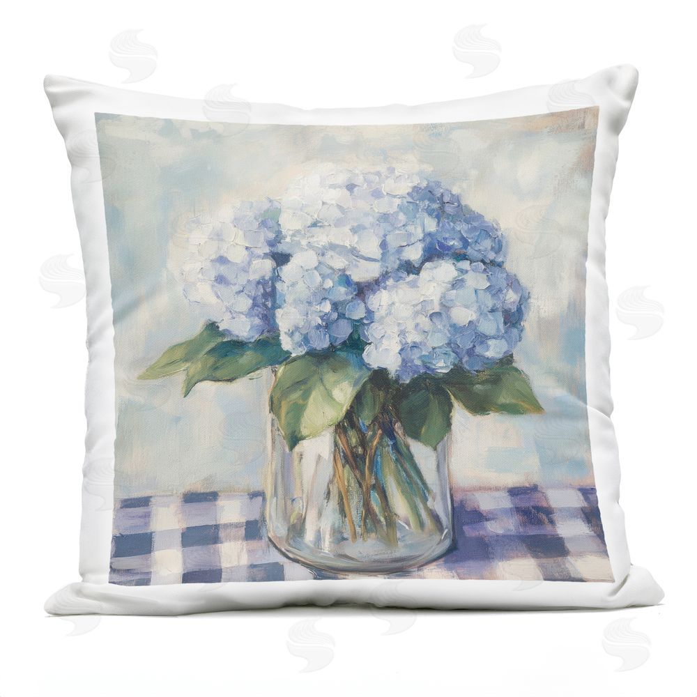 Petal Prints Design Hydrangeas on Gingham Tablecloth Outdoor Square Printed Throw Pillow