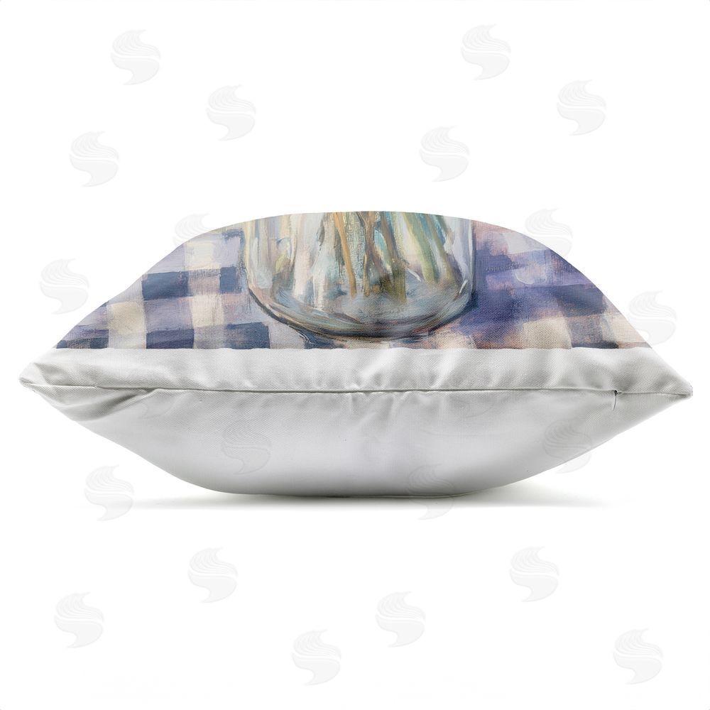 Petal Prints Design Hydrangeas on Gingham Tablecloth Outdoor Square Printed Throw Pillow Side View with Zipper Detail