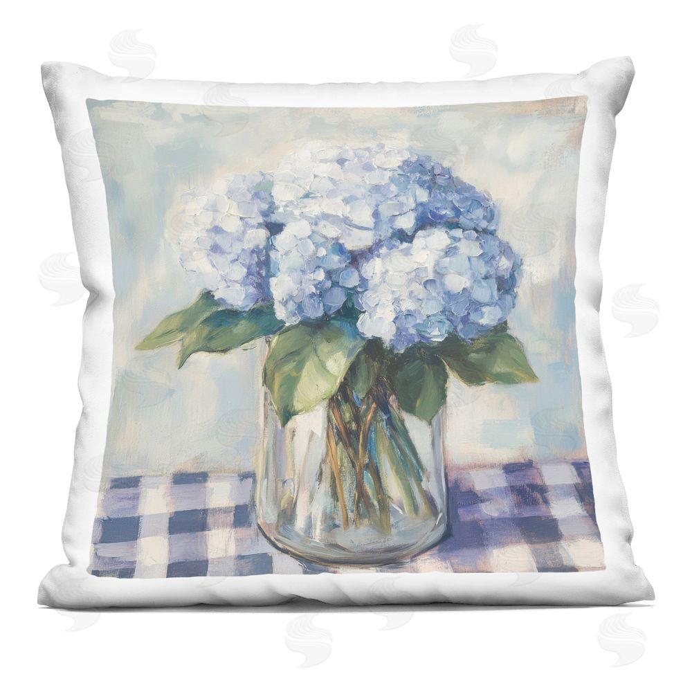 Petal Prints Design Hydrangeas on Gingham Tablecloth Square Printed Throw Pillow