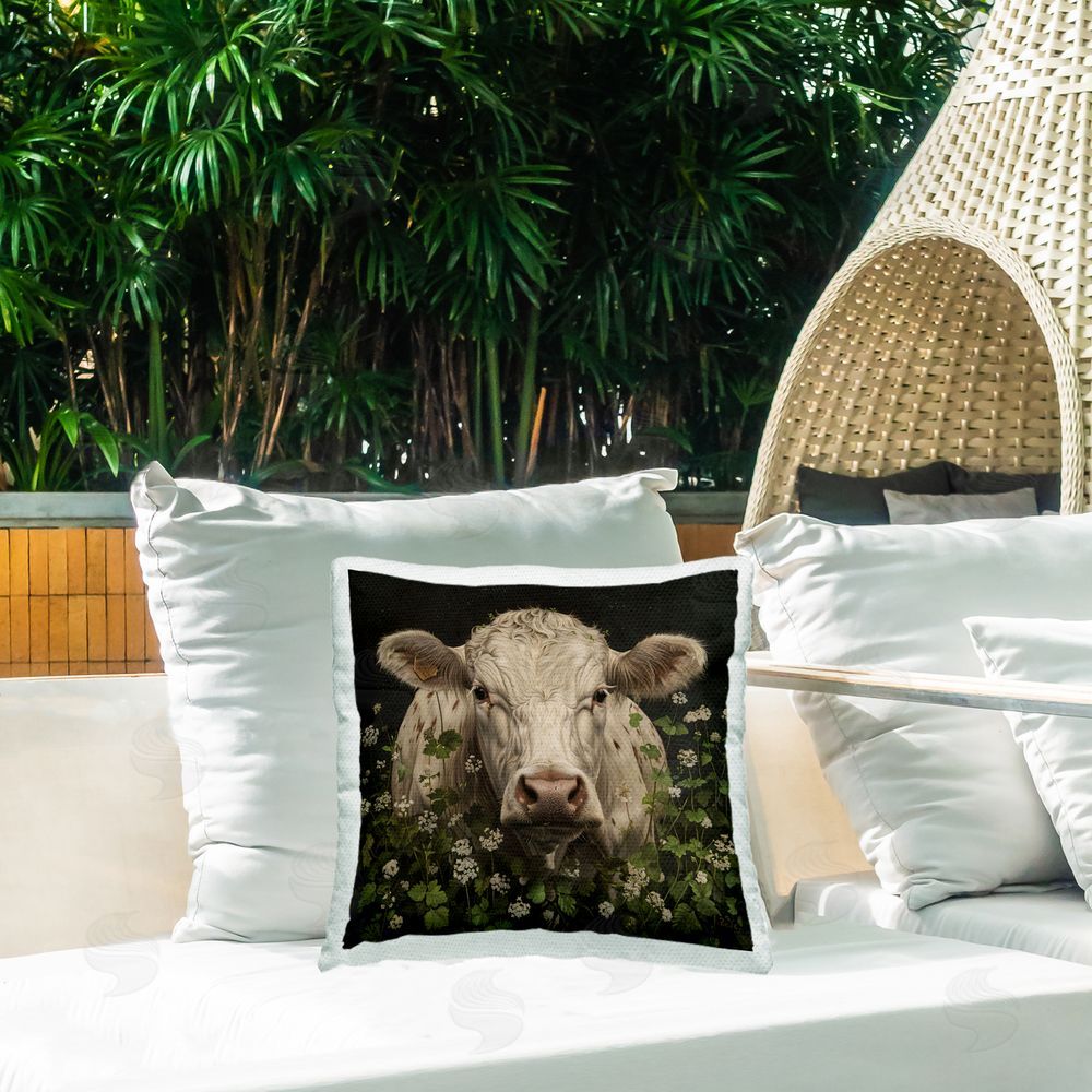 Creative Studio Cow in the Green Meadow Outdoor Square Printed Throw Pillow on Seat