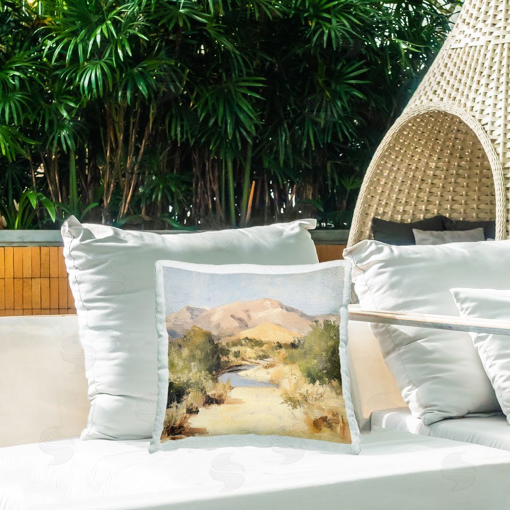 Petal Prints Design Beige Desert Mountain Stream Outdoor Square Printed Throw Pillow on Seat