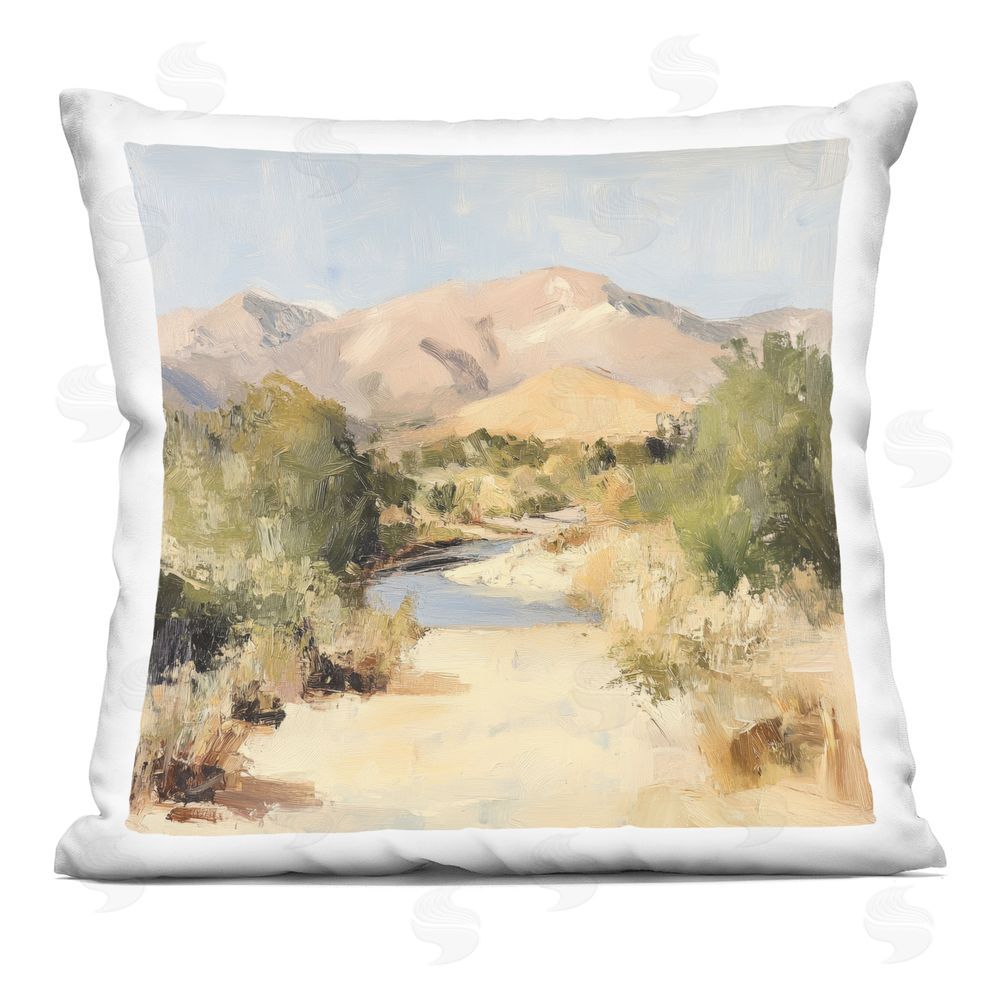 Petal Prints Design Beige Desert Mountain Stream Square Printed Throw Pillow