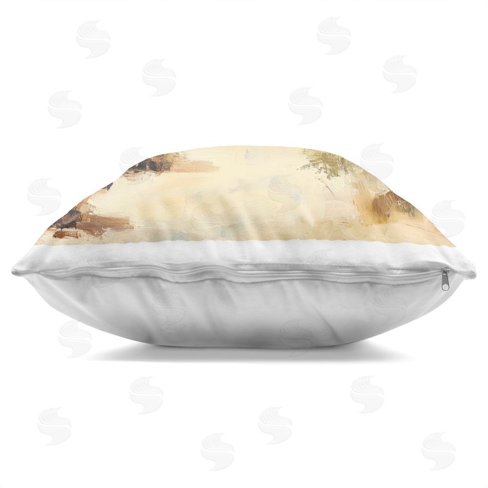 Petal Prints Design Beige Desert Mountain Stream Square Printed Throw Pillow Side View with Zipper Detail
